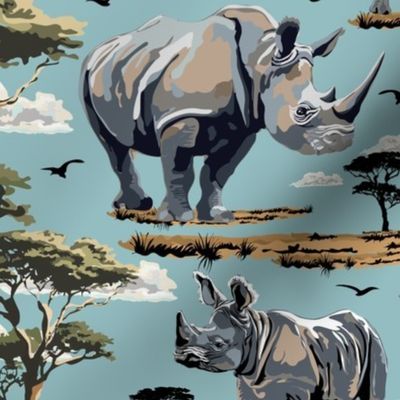 Rhino Safari Print, African Wild Animal Baby Rhino Rhinoceros in the Desert, Green Acacia Trees