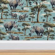 Rhino Safari Print, African Wild Animal Baby Rhino Rhinoceros in the Desert, Green Acacia Trees