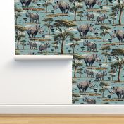 Rhino Safari Print, African Wild Animal Baby Rhino Rhinoceros in the Desert, Green Acacia Trees