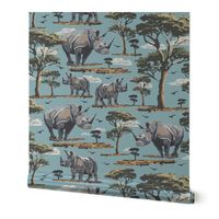 Rhino Safari Print, African Wild Animal Baby Rhino Rhinoceros in the Desert, Green Acacia Trees