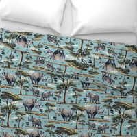 Rhino Safari Print, African Wild Animal Baby Rhino Rhinoceros in the Desert, Green Acacia Trees