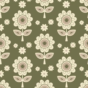 Large /// Retro Daisy Delight in Olive Green - 60s Vintage Floral Charm 