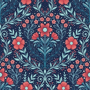 Garden of delicate flowers light red, blue and Dark blue - vintage - whimsical - watercolor 