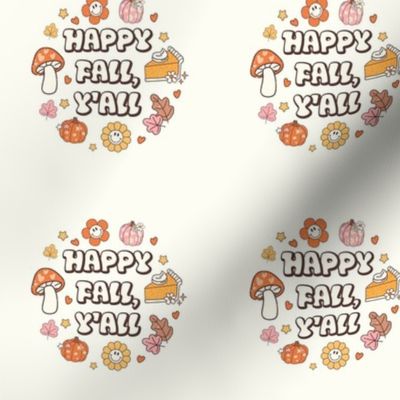 3" Circle Panel Happy Fall, Y'all Groovy Autumn on Ivory Cream for Embroidery Hoop Projects Quilt Squares Iron on Patches