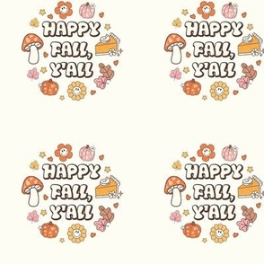 3" Circle Panel Happy Fall, Y'all Groovy Autumn on Ivory Cream for Embroidery Hoop Projects Quilt Squares Iron on Patches