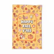  Large 27x18 Fat Quarter Panel Happy Fall, Y'all Groovy Autumn on Butternut Yellow for Wall Hanging or Tea Towel