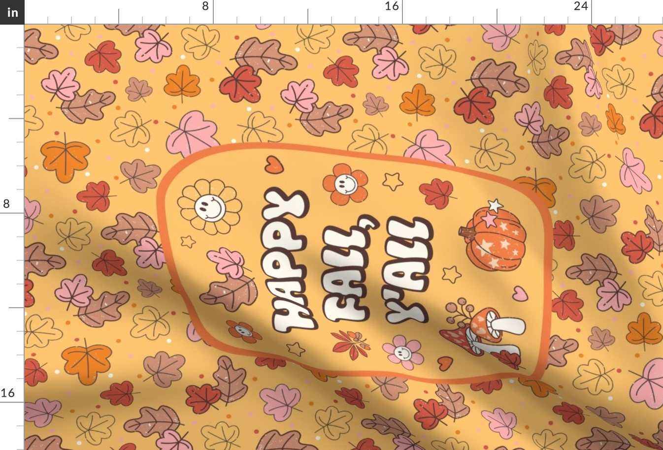  Large 27x18 Fat Quarter Panel Happy Fall, Y'all Groovy Autumn on Butternut Yellow for Wall Hanging or Tea Towel