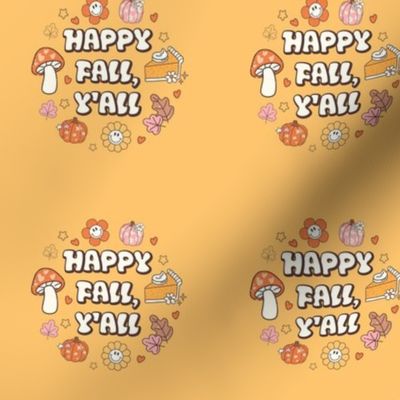 3" Circle Panel Happy Fall, Y'all Groovy Autumn on Butternut Yellow for Embroidery Hoop Projects Quilt Squares Iron On Patches