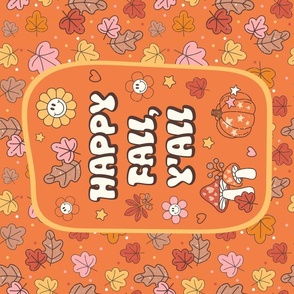 Large 27x18 Fat Quarter Panel Happy Fall, Y'all Groovy Autumn on Orange Spice for Wall Hanging or Tea Towel