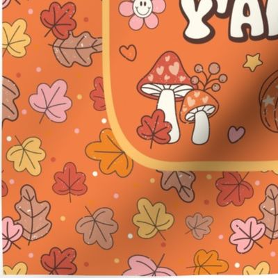 14x18 Panel Happy Fall, Y'all Groovy Autumn on Orange Spice for DIY Garden Flag Small Wall Hanging or Tea Towel