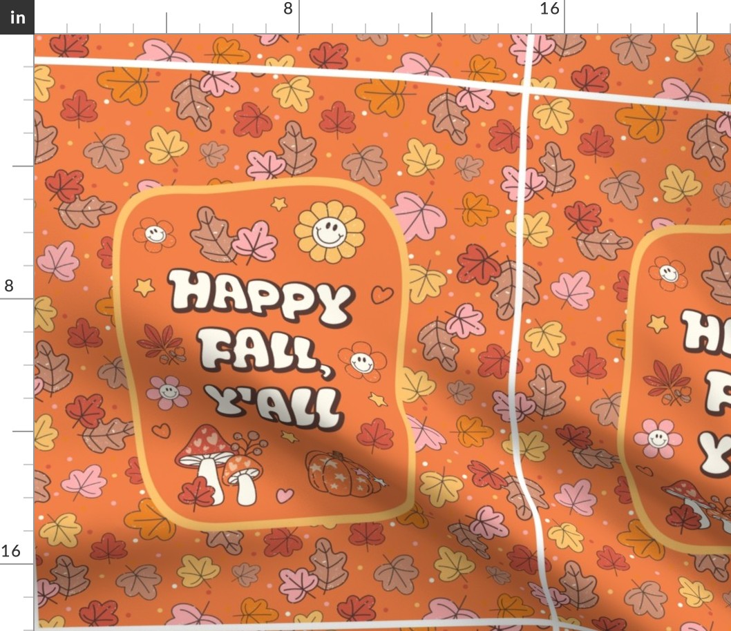 14x18 Panel Happy Fall, Y'all Groovy Autumn on Orange Spice for DIY Garden Flag Small Wall Hanging or Tea Towel