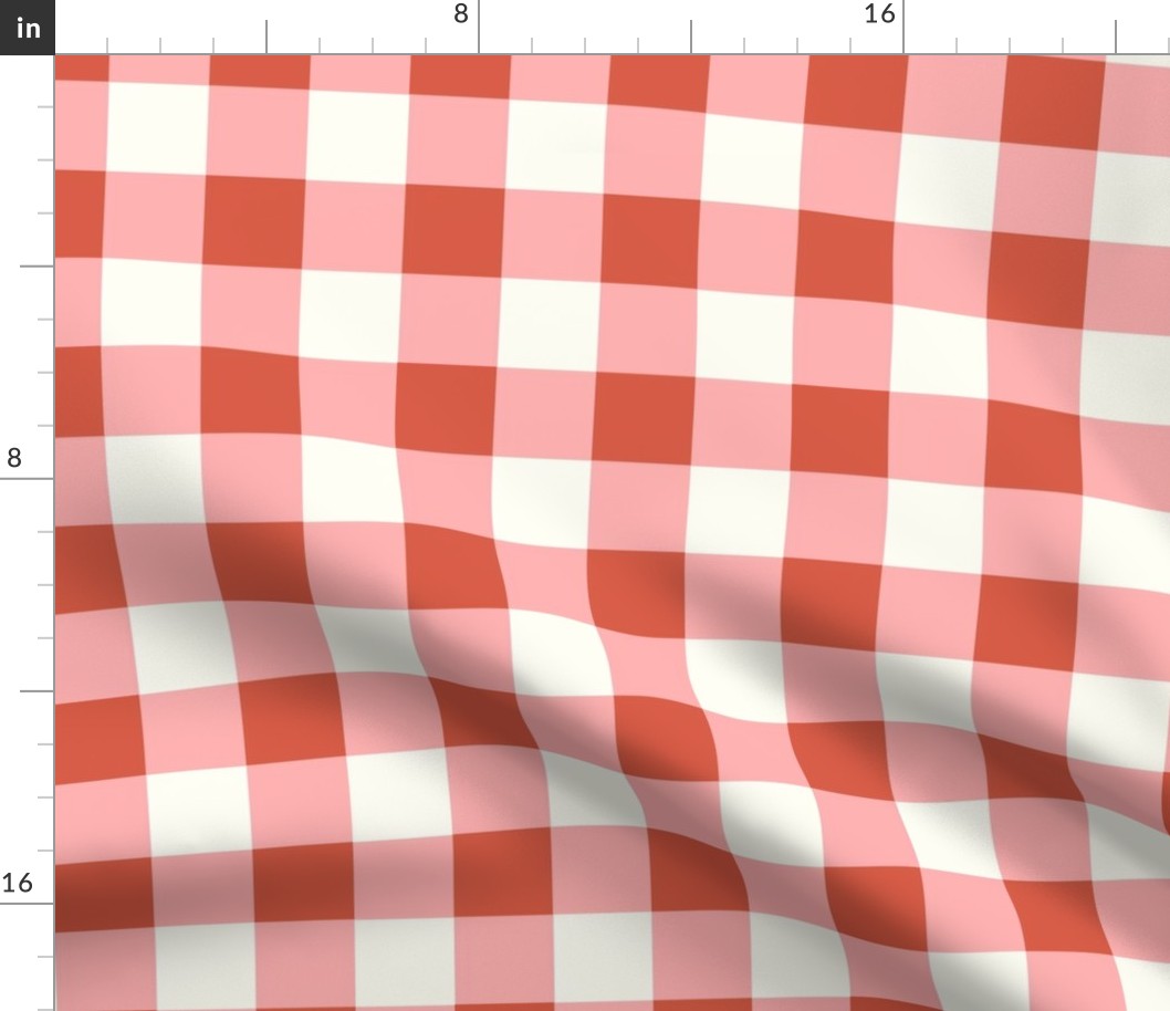 Large Scale Gingham Checker in Retro Red and Harvest Pink on Ivory Cream