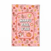 Large 27x18 Fat Quarter Panel Happy Fall, Y'all Groovy Autumn on Harvest Pink for Wall Hanging or Tea Towel