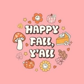 4" Circle Panel Happy Fall, Y'all Groovy Autumn on Harvest Pink for Embroidery Hoop Projects Quilt Squares Iron On Patches