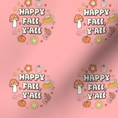 3" Circle Panel Happy Fall, Y'all Groovy Autumn on Harvest Pink for Embroidery Hoop Projects Quilt Squares Iron On Patches