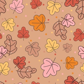 Large Scale Autumn Leaves Happy Fall Y'All Collection on Caramel Coffee