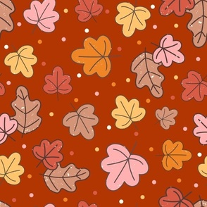 Large Scale Autumn Leaves Happy Fall Y'All Collection on Retro Red
