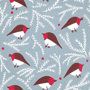 Christmas Robins On Grey Blue
