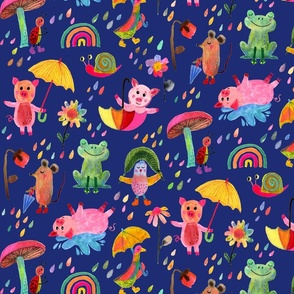 Large Critters in the Rain dark blue whimsical