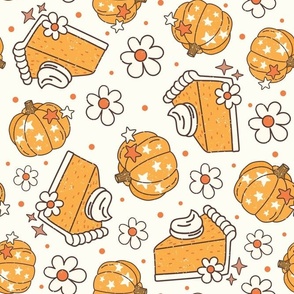 Large Scale Happy Fall Y'All Pumpkin Pie and Daisy Flowers on Ivory Cream