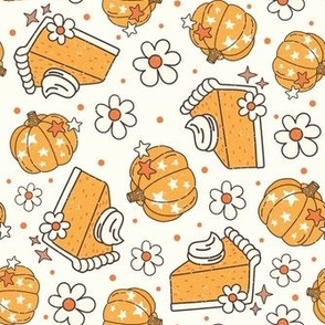 Medium Scale Happy Fall Y'All Pumpkin Pie and Daisy Flowers on Ivory Cream