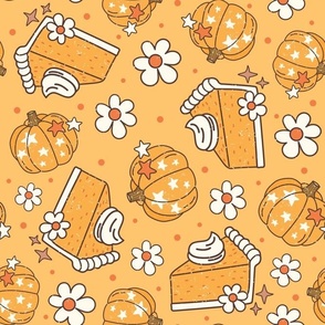 Large Scale Happy Fall Y'All Pumpkin Pie and Daisy Flowers on Butternut Yellow