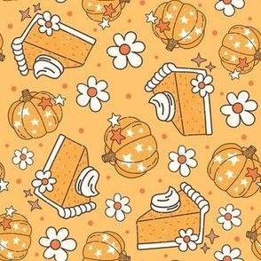 Medium Scale Happy Fall Y'All Pumpkin Pie and Daisy Flowers on Butternut Yellow