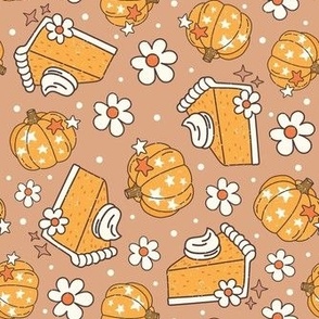 Medium Scale Happy Fall Y'All Pumpkin Pie and Daisy Flowers on Caramel Coffee