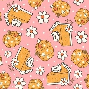 Medium Scale Happy Fall Y'All Pumpkin Pie and Daisy Flowers on Harvest Pink