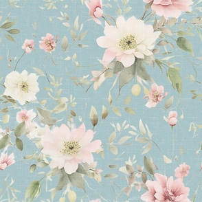 Emma Rosewater Floral – French Blue Linen Wallpaper - New 