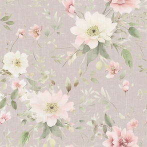 Emma Rosewater Floral – Agreeable Gray Linen Wallpaper - New 