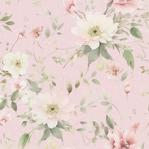 Emma Rosewater Floral – Petal Pink Linen Wallpaper - New 