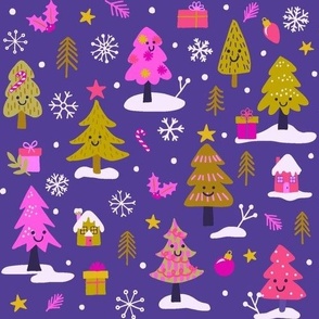 Christmas happy trees pink and purple 