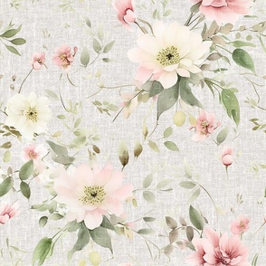  Emma Rosewater Floral – Warm Gray Linen Wallpaper - New 