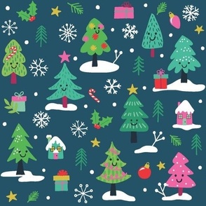 Jolly Christmas trees forest  green pink cute