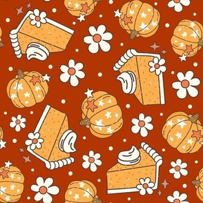 Large Scale Happy Fall Y'All Pumpkin Pie and Daisy Flowers on Retro Red