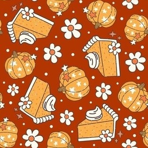 Medium Scale Happy Fall Y'All Pumpkin Pie and Daisy Flowers on Retro Red