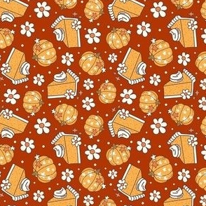 Small Scale Happy Fall Y'All Pumpkin Pie and Daisy Flowers on Retro Red
