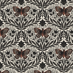 Butterfly damask - off-white, black, rust. Vintage floral. // Medium Scale