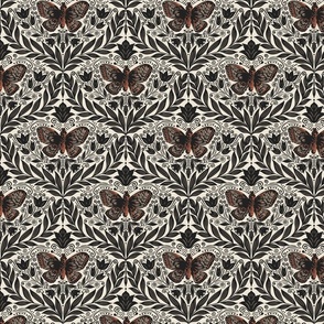 Butterfly damask - off-white, black, rust. Vintage floral. // Small Scale