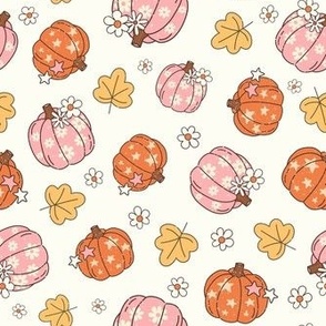 Medium Scale Happy Fall Y'all Pumpkins Daisy Flowers and Autumn Leaves on Ivory Cream