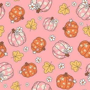 Medium Scale Happy Fall Y'all Pumpkins Daisy Flowers and Autumn Leaves on Harvest Pink