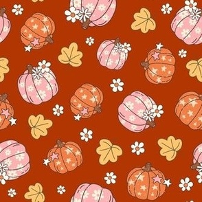 Medium Scale Happy Fall Y'all Pumpkins Daisy Flowers and Autumn Leaves on Retro Red