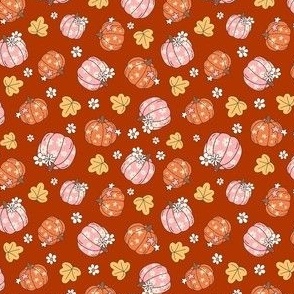 Small Scale Happy Fall Y'all Pumpkins Daisy Flowers and Autumn Leaves on Retro Red