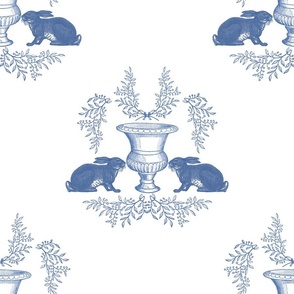 Small Rabbit Blue Toile de Jouy  with White Backgroound