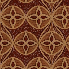 hand drawn cutwork  bronze copper lace embroidery effect  geometric circles in deep browns  burlap texture large 6” non directional  repeat
