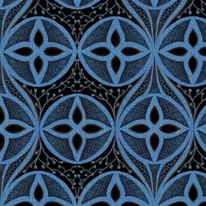 Moody hand drawn cutwork pale blue lace embroidery effect  geometric circles in deep blue black burlap texture large 6” non directional  repeat