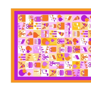 Birthday tea towel in bright purple pink orange yellow