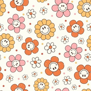 Large Scale Happy Autumn Smile Face Daisy Flowers on Ivory Cream