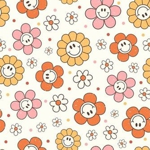 Medium Scale Happy Autumn Smile Face Daisy Flowers on Ivory Cream